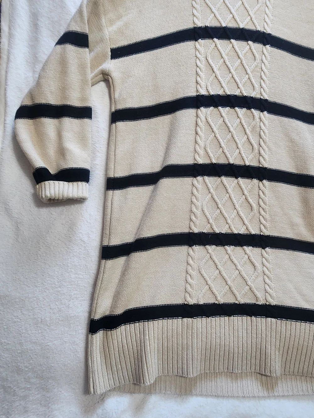 New York & Company Striped Turtleneck Cable Knit Sweater Dress Beige Large